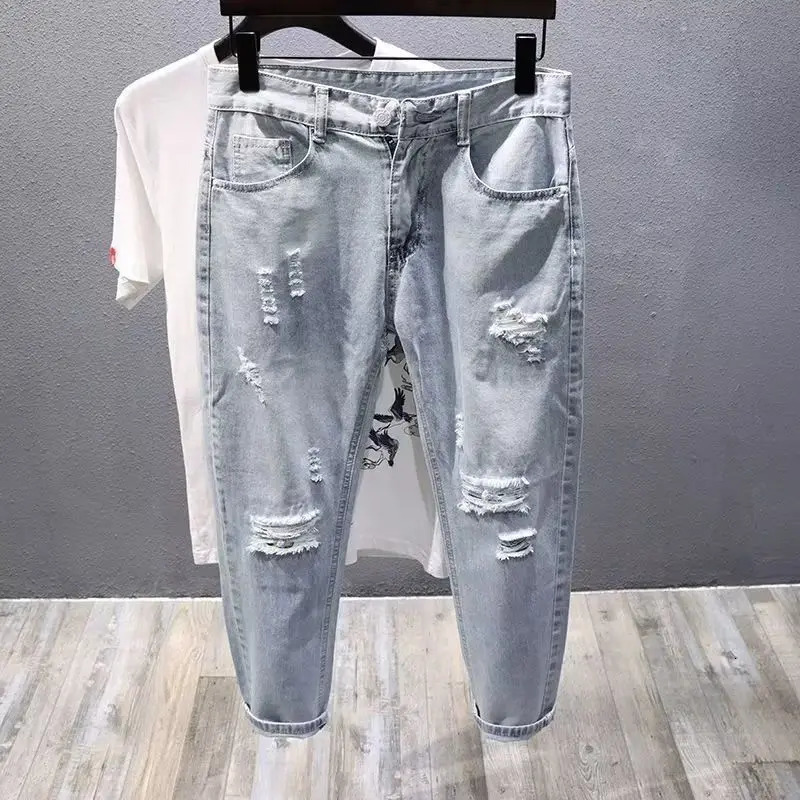 Fashion y Clothing Washed Mens Casual Denim Jeans for Spring and Autumn Slim Fit Solid Pants Streetwear Ripped Holes Male 260608