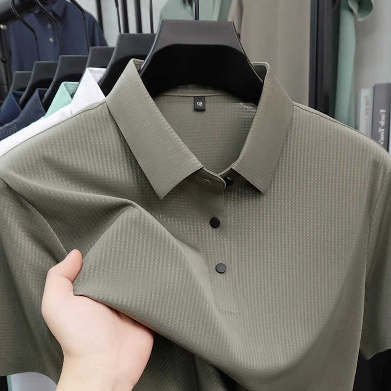 Mens Mesh Shirt Textured Breathable Ice Silk Fabric Short Sleeve Lapel Top For Business And Daily Wear M260612
