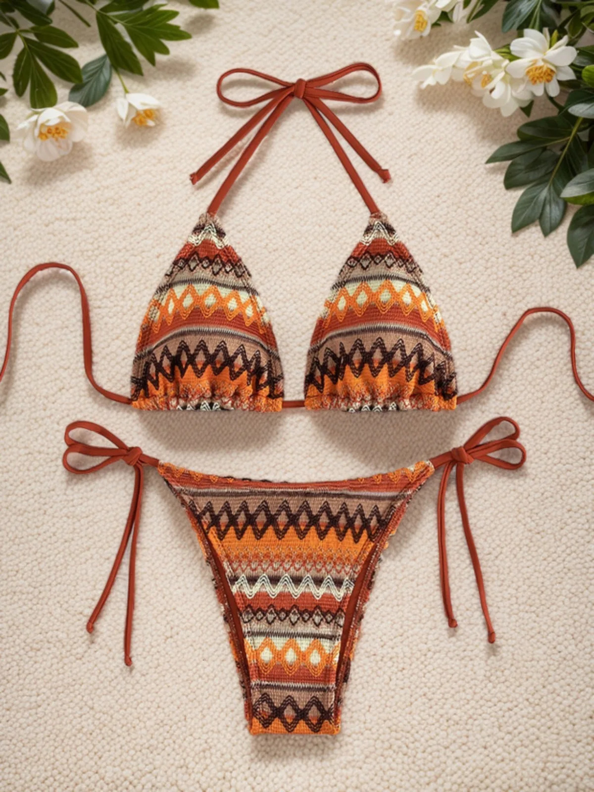 2026 Womens 2-piece Swimsuit Sexy Knitted Striped Bikini Set Triangle Bra Suspender Halter Backless Beach Vacation Swimwear 260605