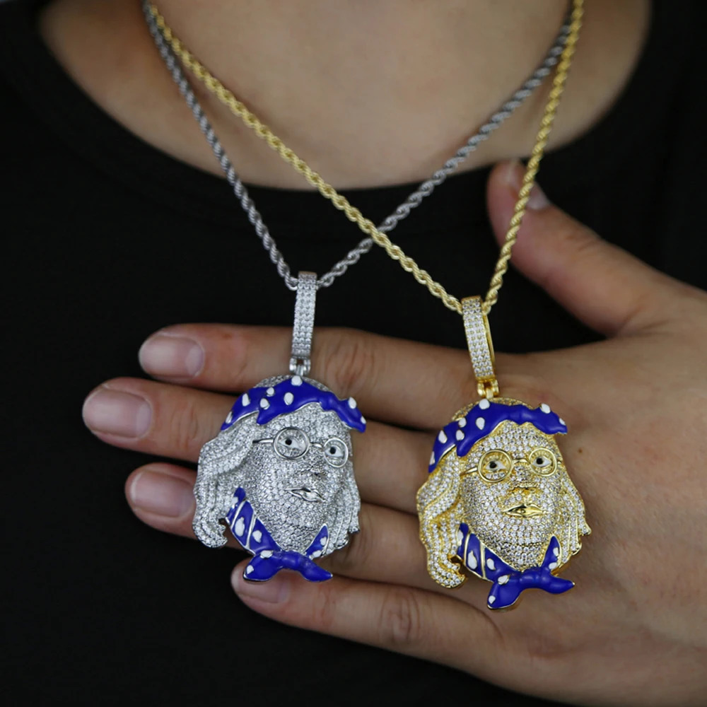 Iced Out Bling CZ Benjamin Face Pendant Necklace Cubic Zirconia Silver Color Blue Enamel Charm Men Fashion Hip Hop Jewelry 260612