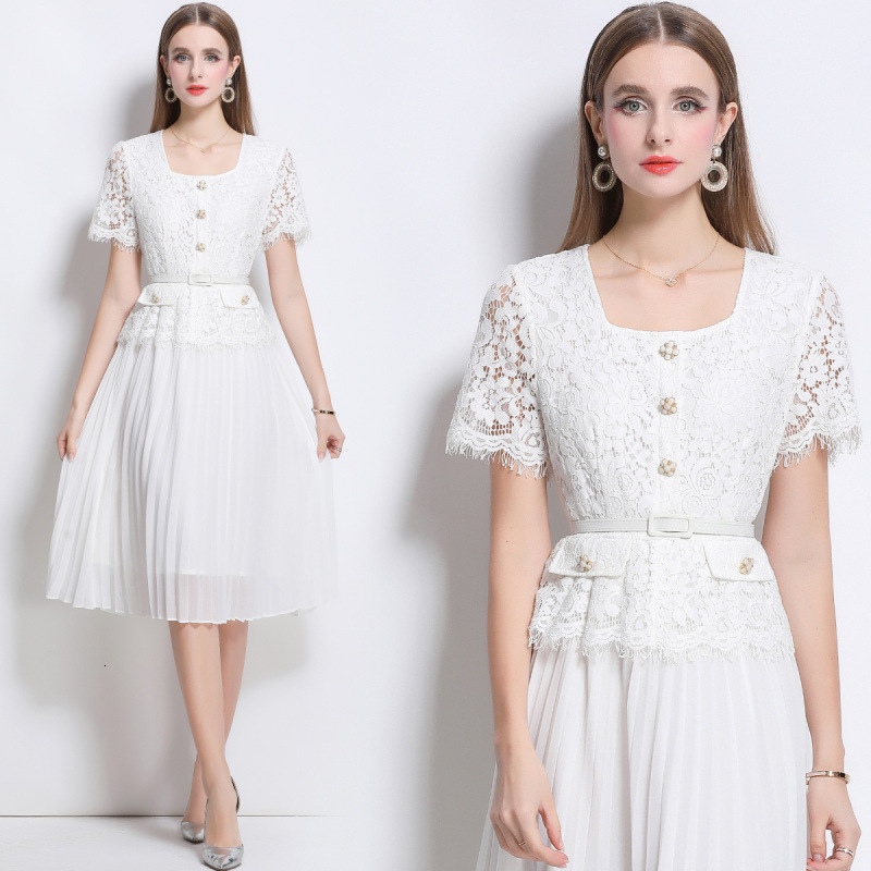 Designer Luxury Fashion Women's Dress High-end Brand Temperament Goddess French Dressing Series Summer New Lace Belt Single Breasted High-quali