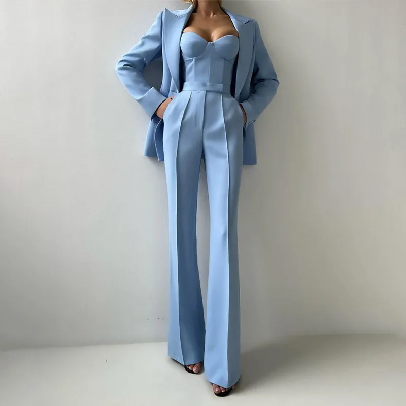 Light Blue Emerald Violet Color Options Strapless Top Flare Pants Blazer Suit Temperament Commute Three Piece Women Outfit 260610