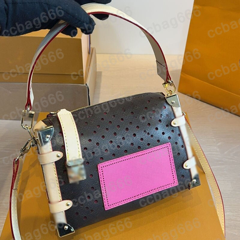 Women Desiogner Hollow Out Monogram Letter Old Flower Rivet Trunk Box Bag Vintage Leather Strap Underarm Shoulder Handbag Crossbody Zipper Pouch 24X