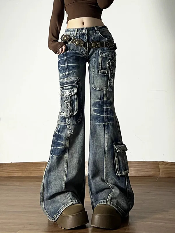 American Vintage Street Style Y2K Jeans Womens Highstreet Multipocket Cargo Flared Floorgrazing Casual Punk Long Pants 260612