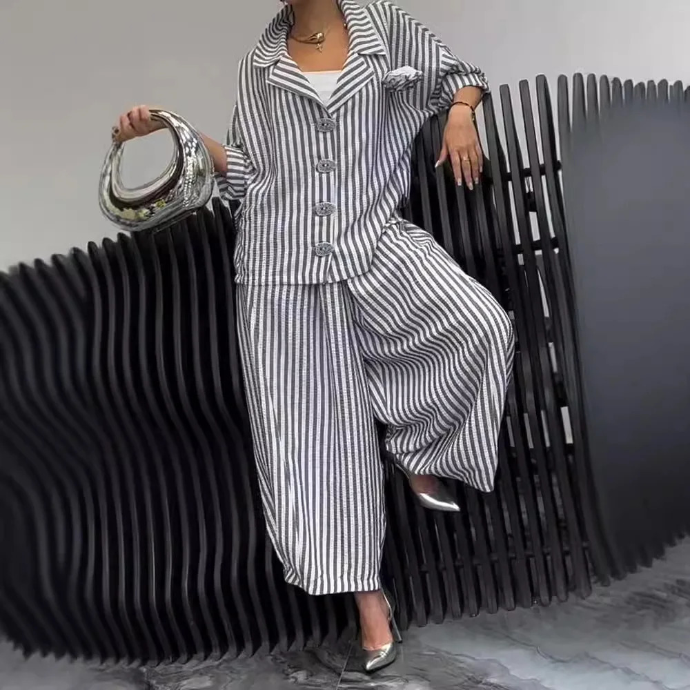 Spring Fall Womens 2 Piece Set Suit Office Lady Floral Striped Loose Blazer Casual Wide Leg Pants Suits For Women Clothing 260605