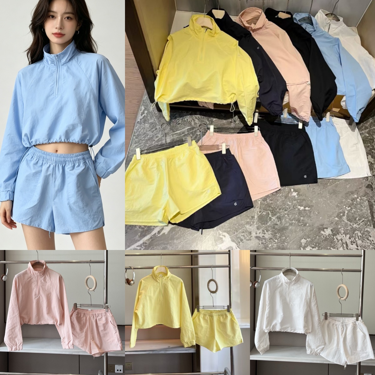 A2320 Veste semi-zippée Ensemble short respirant Athlétique Protection solaire Tissé Veste zippée Vêtements de sport courts Pull haut court