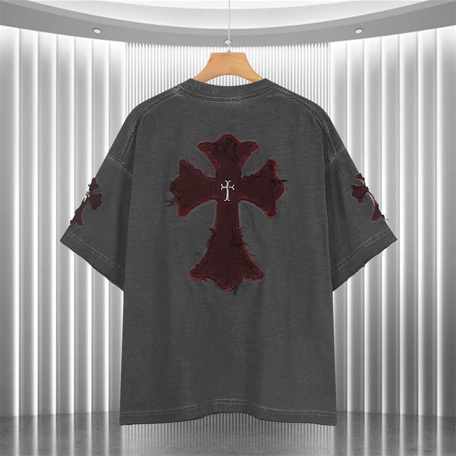 Correct version CH Chrome Summer Washed Patch Embroidery Short Sleeve T-shirt for Couples{category}{category}WRWA