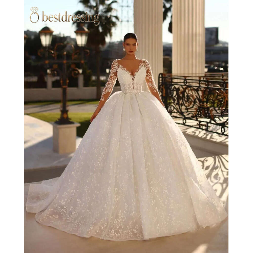 Ball Gown Wedding Dresses Deep V Neck Long Sleeves Sequins Appliques Beaded Floor Length Ruffles 3D Lace Flowers Zipper Bridal Gowns Plus Size Vesti