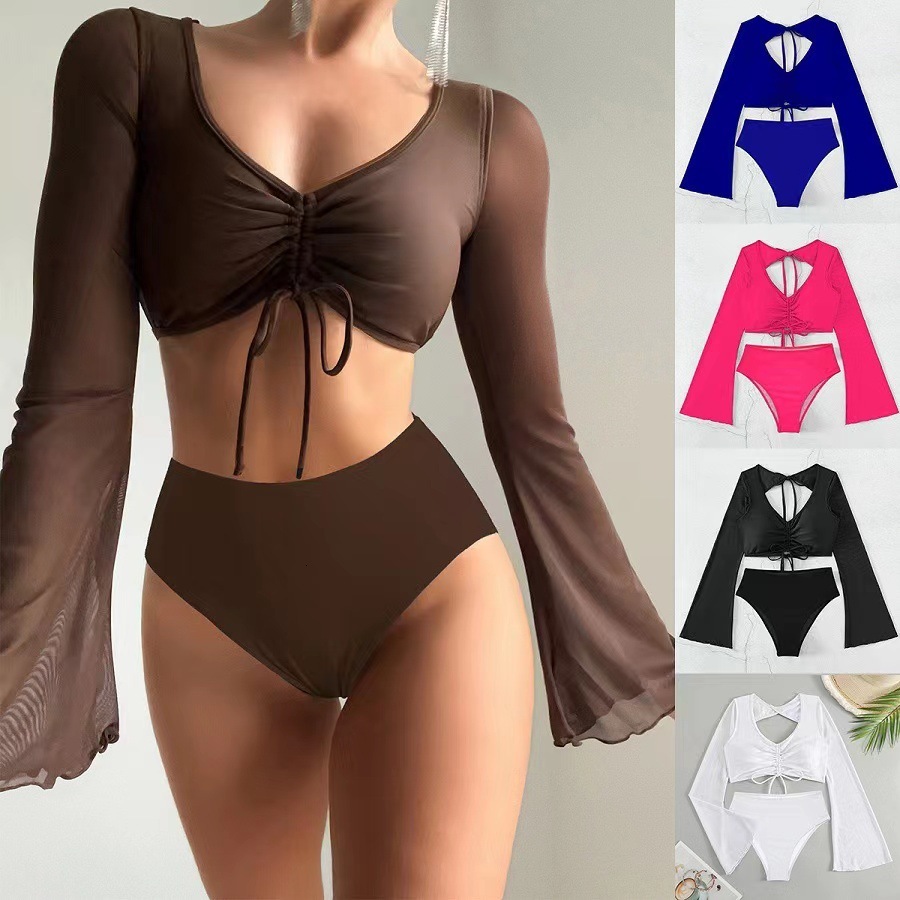 Free shipping 2026 New Style Two-Piece Solid Color High-Waisted Conservative Patchwork Mesh Swimsuit for