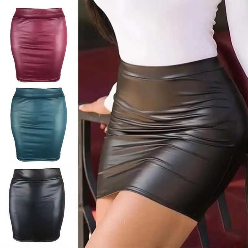Mini Womens High-Waist Slim Fit Skirt Vintage Bodycon Hip Pencil Skirt Sexy Imitation PU Clubwear Ladies Office Clothing M260612