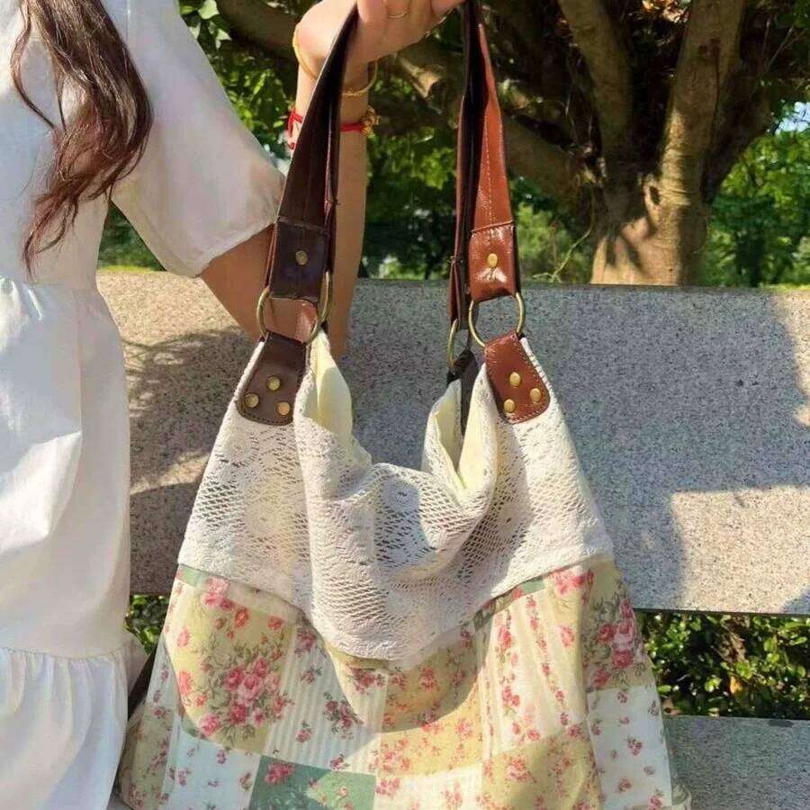 Bohemian Shoulder Bag,Mori Girl Fairycore Women Ditsy Floral Patchwork Handbag with Lace Trim,Vintage Travel Commuter Tote Bag