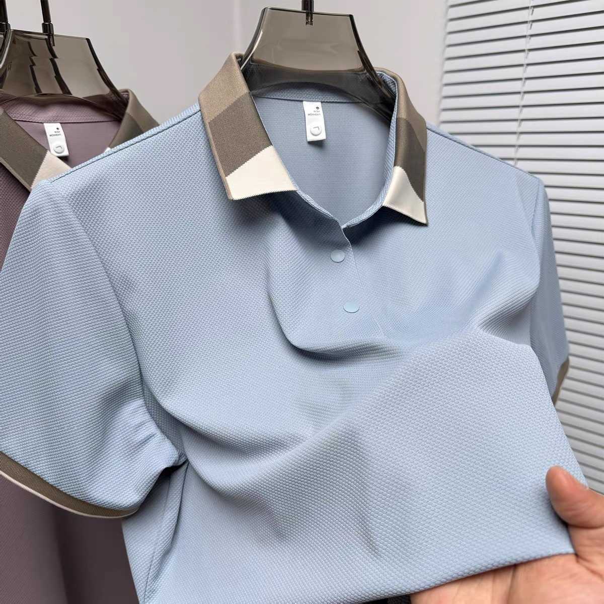 breathable Fashion ice short silk sleeve shirt summer color blocked lapel T-shirt new casual mens clothing M260612