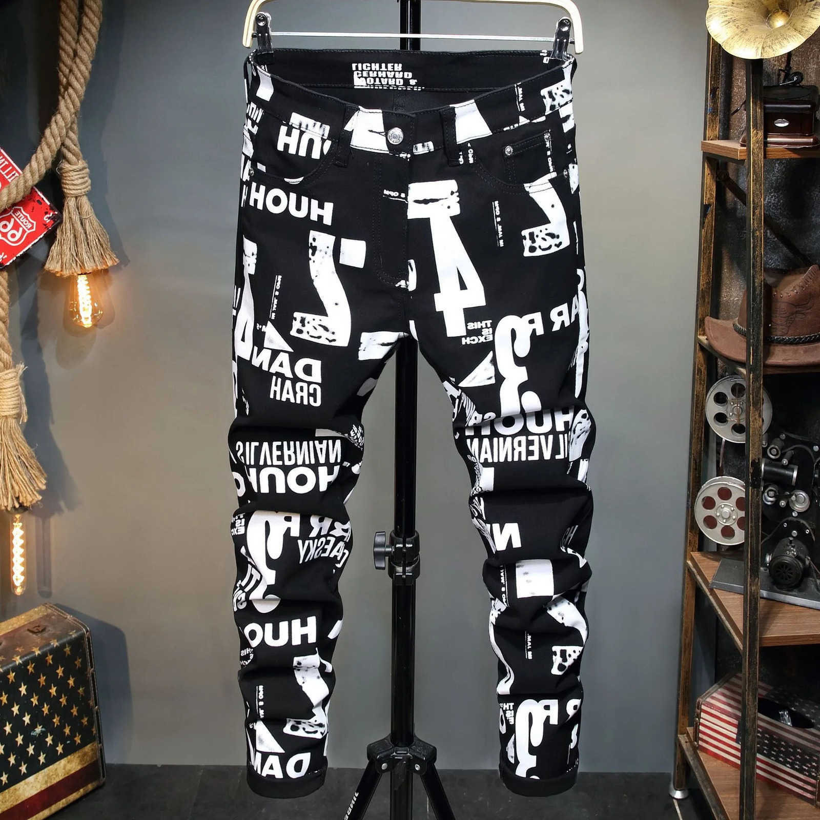 slim Mens fit elastic jeans with letter print straight leg denim pants strt casual jeans 251201 S260612