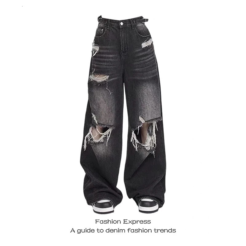 ZHIZOU Women Black Gothic Baggy Emo Y2k Ripped Jeans American Jean Pants Vintage 2000s Harajuku Oversize Denim Trousers Clothes 260608