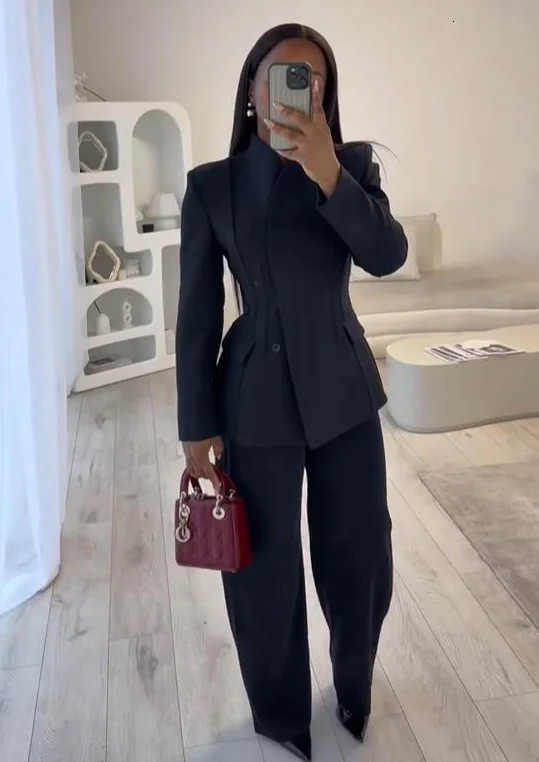 Elegant Blazer Pants Set Women Solid V-neck Long Sleeve Button Coat Wide Leg Trousers 2026 Spring Fashion Office Lady Outfits 260611