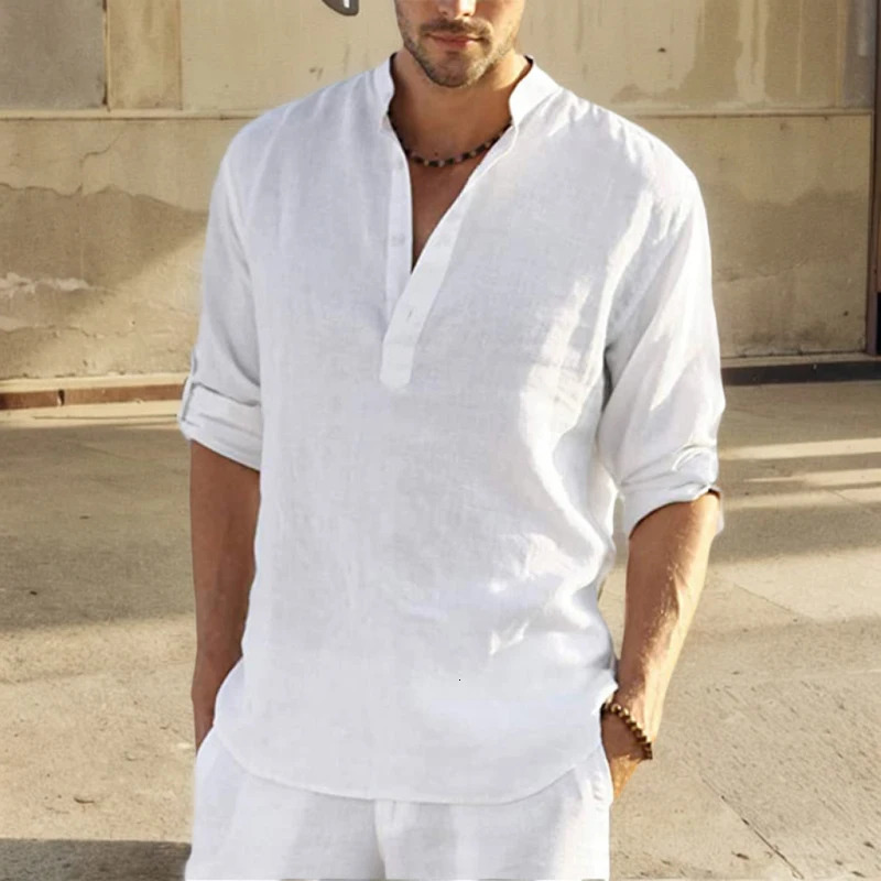 Casual Blouse Loose Mens Shirt Cotton Linen Fashion Stand Collar Pure Long Sleeve Tee Shirt Handsome Fitting Top Mens Wear 260612