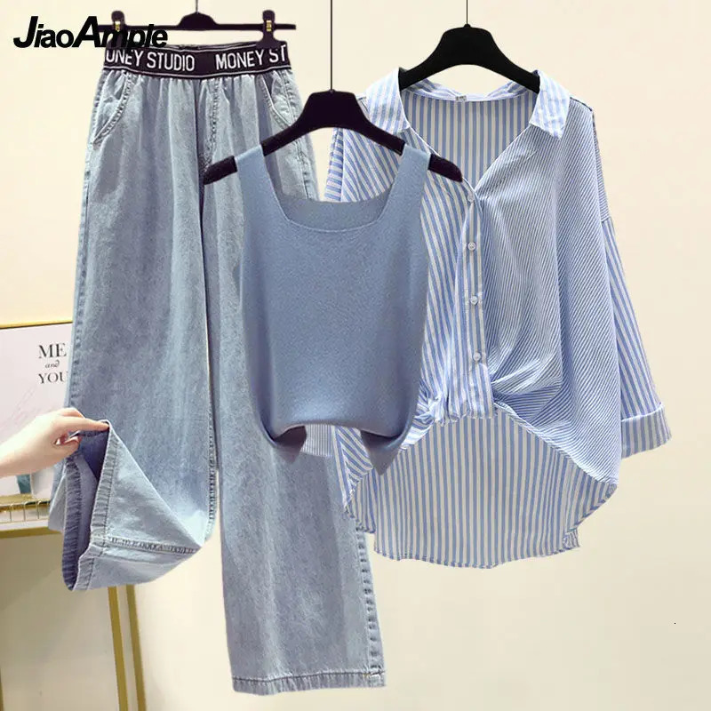 Womens Spring Summer Striped Shirts Vest High Waist Wide-leg Jeans Three-piece Korean Elegant Cardigan Denim Trousers Suit 260608