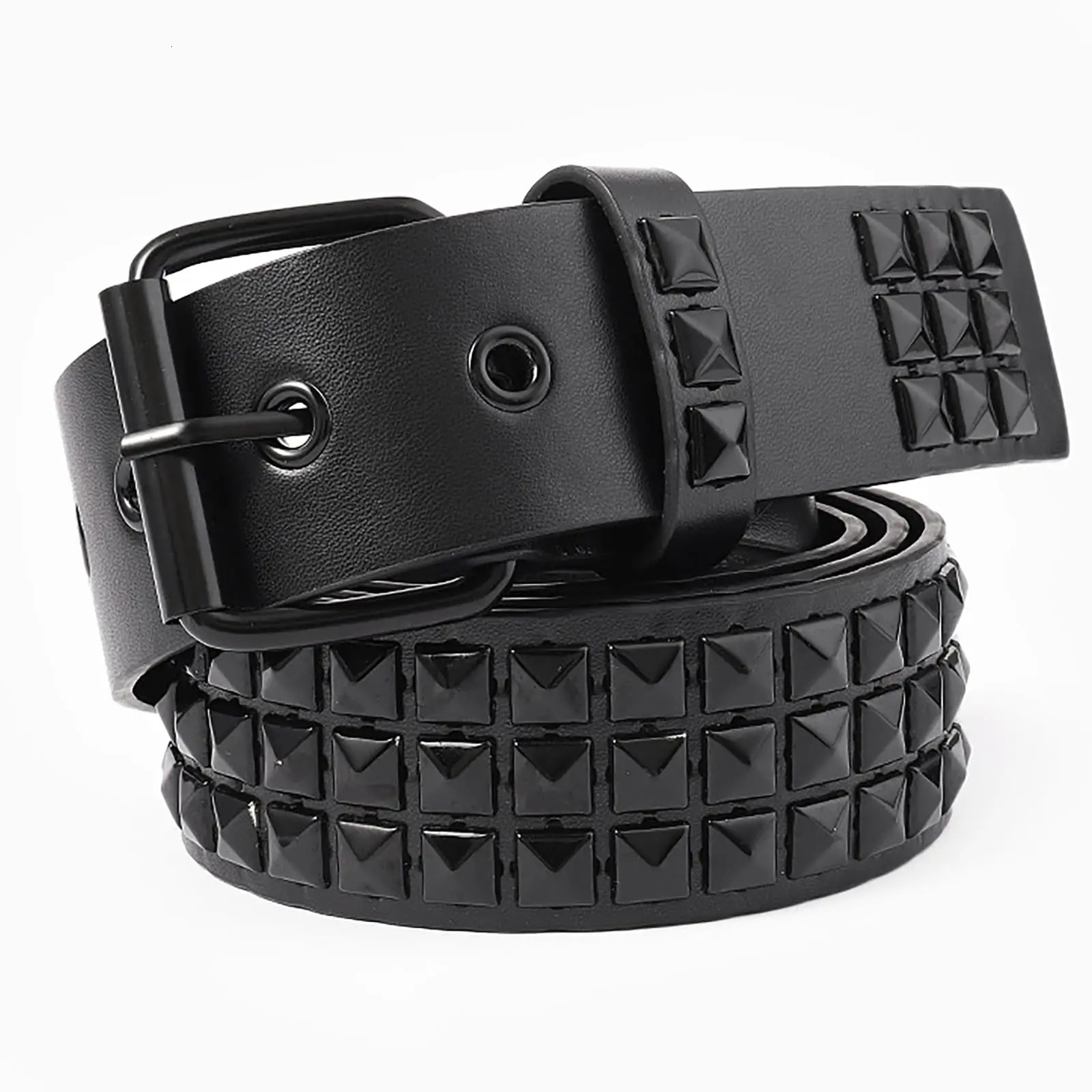 Black Three-Row Rivets Punk Style Fashionable Belt for Men and Women Rock Metal Belt260605