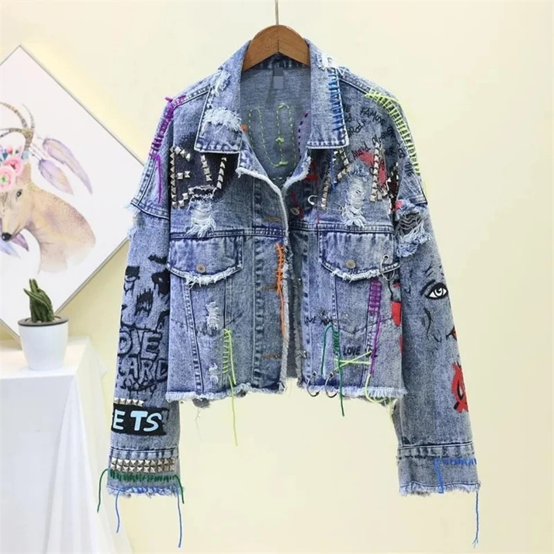 Spring Autumn Rivet Beaded Line Tassel Letter Graffiti Print Women Denim Jacket 2026 Casual Hole Denim Jacket Veste Femme 260609