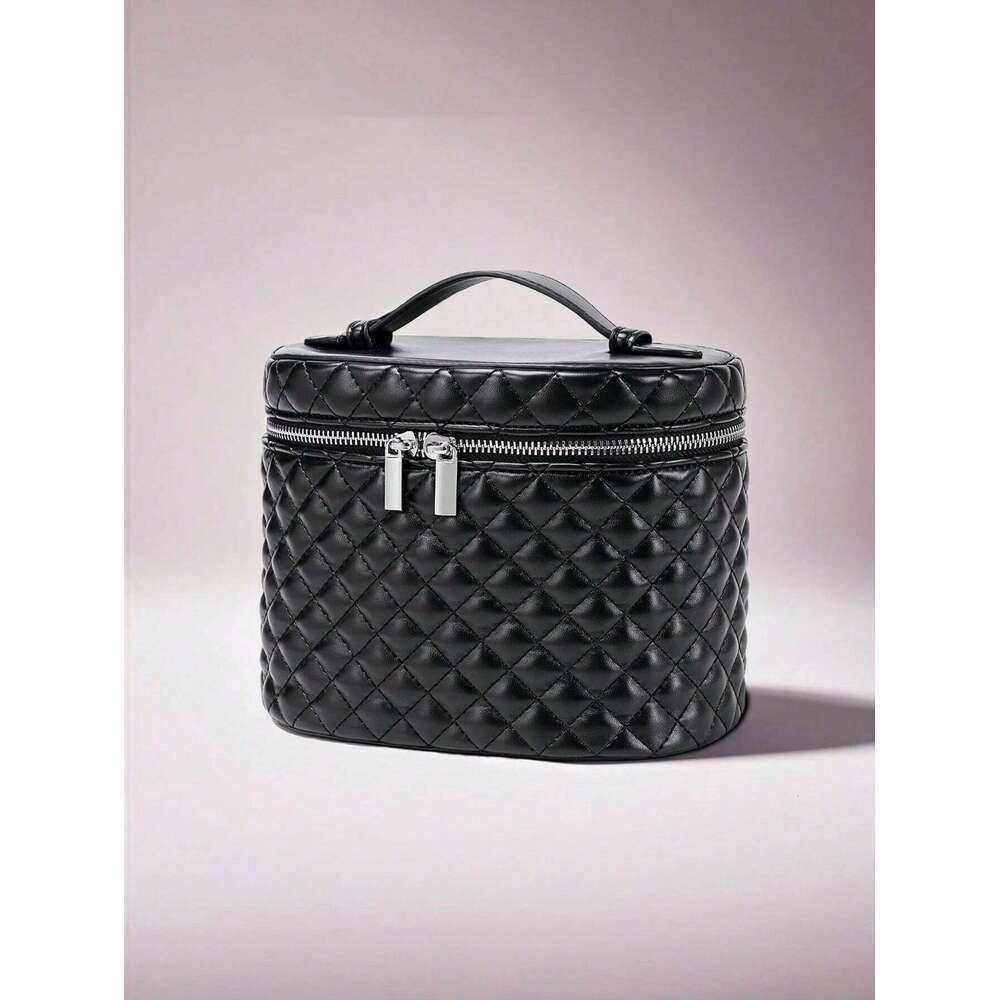 Diamond quilted makeup bag with a detachable hand strap, large-capacity cosmetic organizer