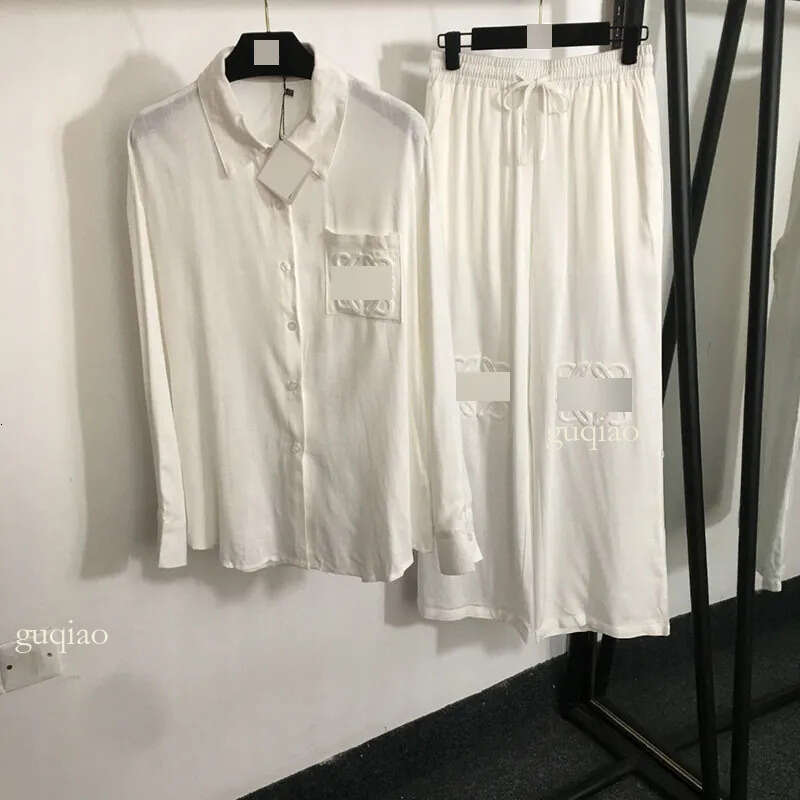 Designer Shirt Women Linen Blend Loungewear Set Flocked Logo Long Sleeve Shirt Elastic Waist Pants High Quality Summer Clothes Women Designer