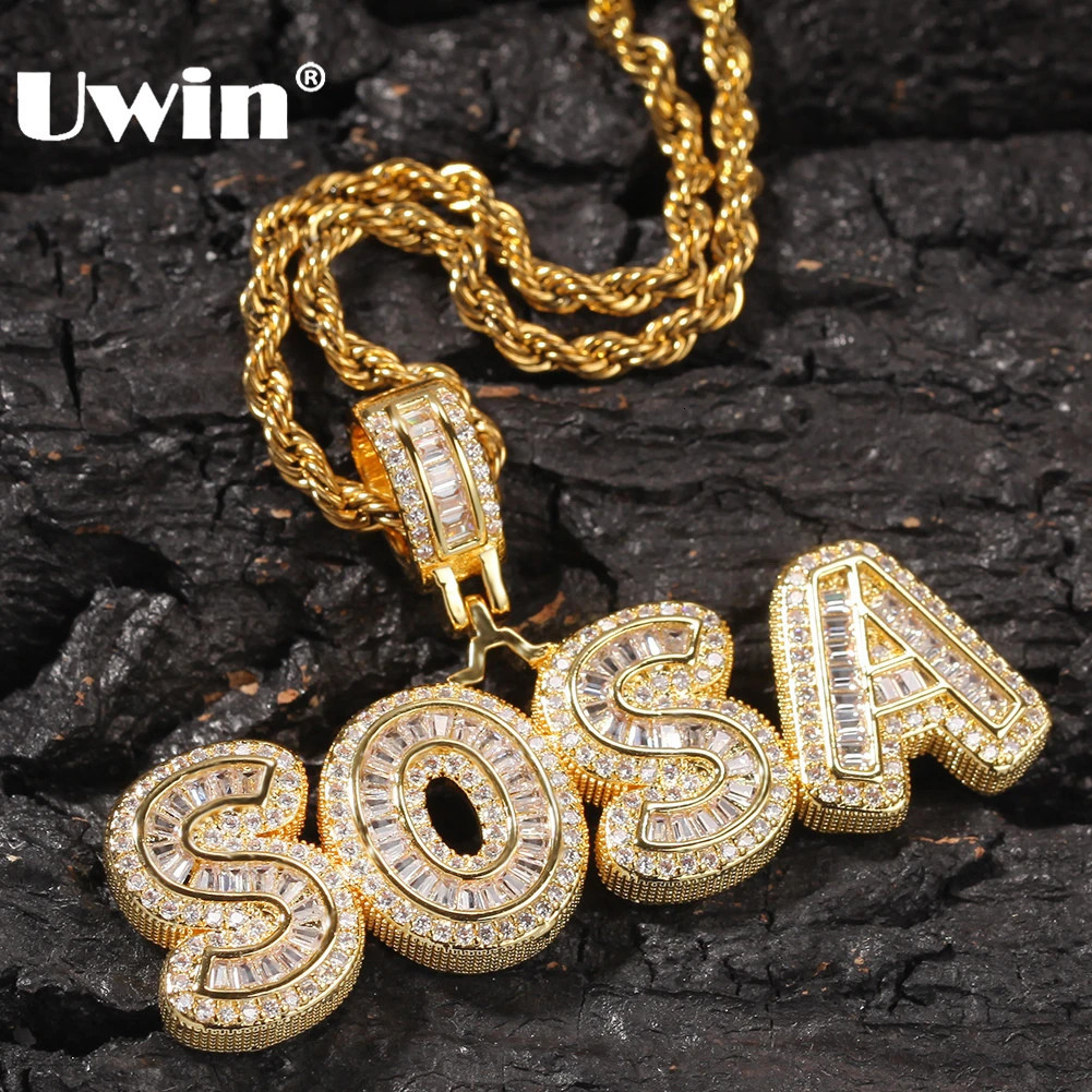 UWIN Custom Charm Iced Cubic Zircon Small baguettecz Initial Letters Pendant Necklace Words With 4mm CZ Tennis Chain Jewelry 260611