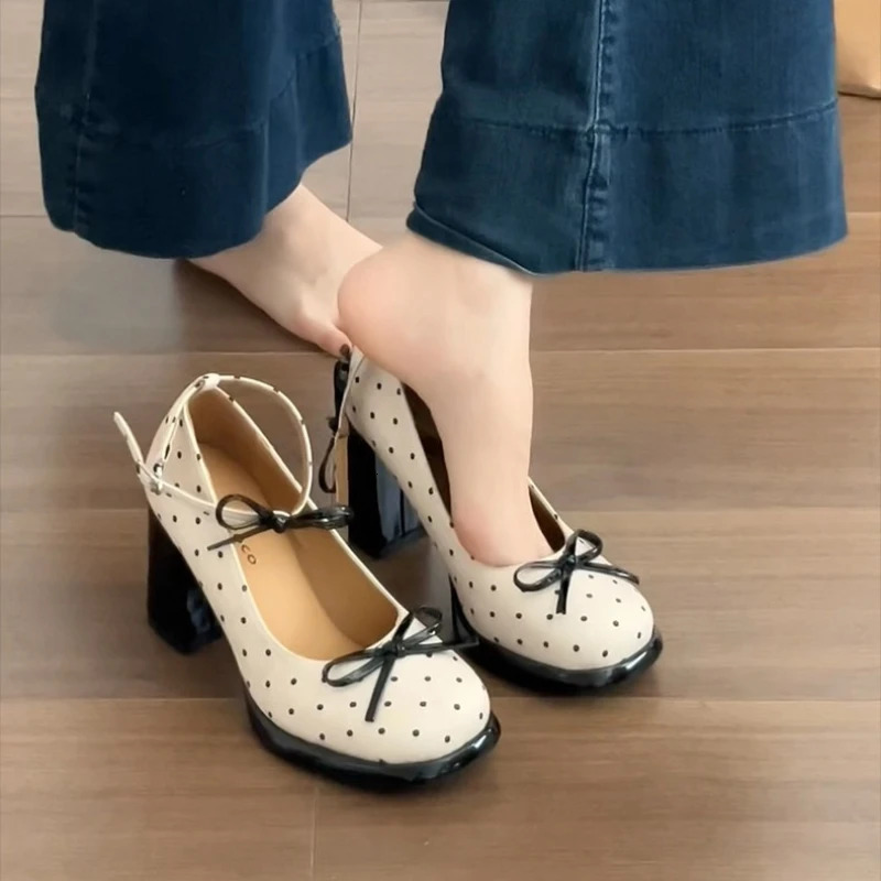 Vintage Polka Dot Thick Heel Women Mary Jane Shoes Concise Ankle Strap Shoes Spring Womens Elegant Butterfly-knot Dress Pumps 260612