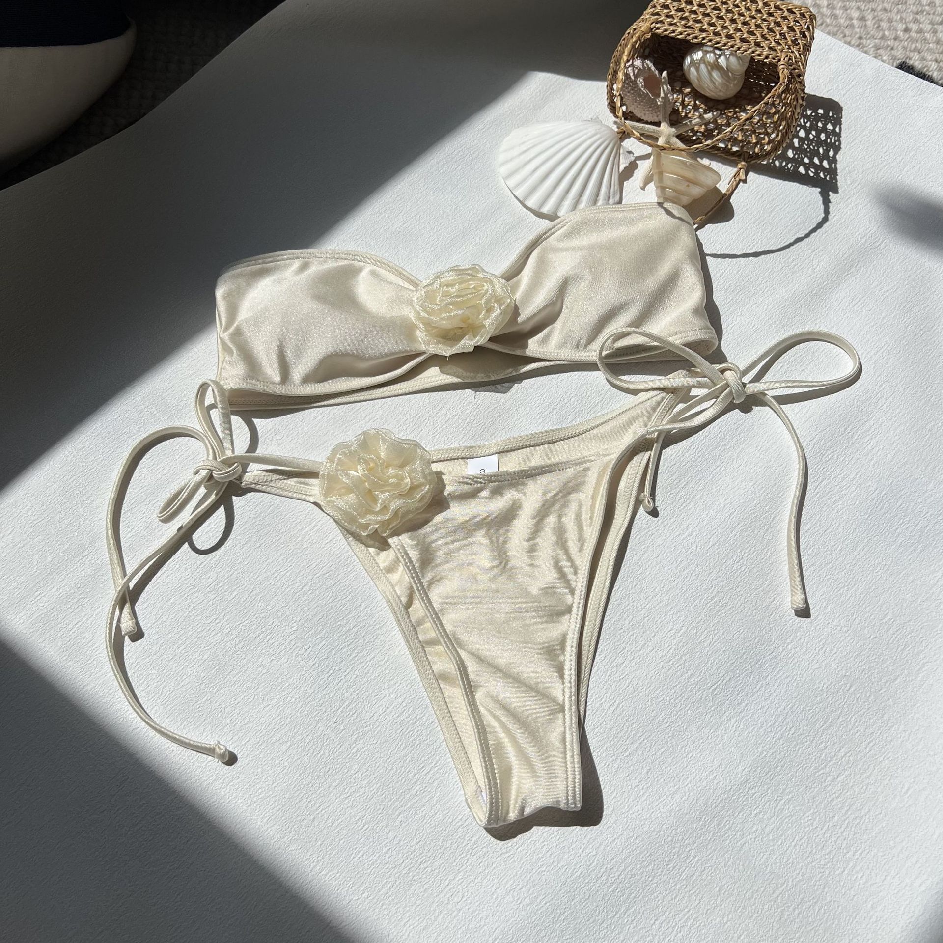 Free shipping 2026 New Solid Color Shiny Floral Strapless Two-Piece Swimsuit Bikini for