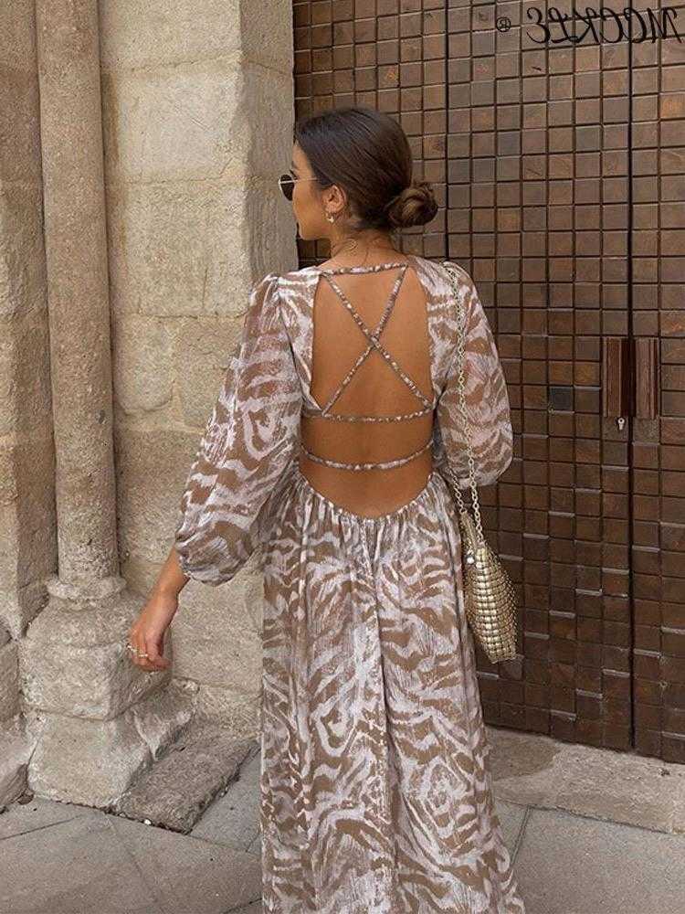 Dresses Casual Elegant Print Backless Women Spring Boho Long Slve Floral Hollow Out Loose Beach Vacation Lady S260612
