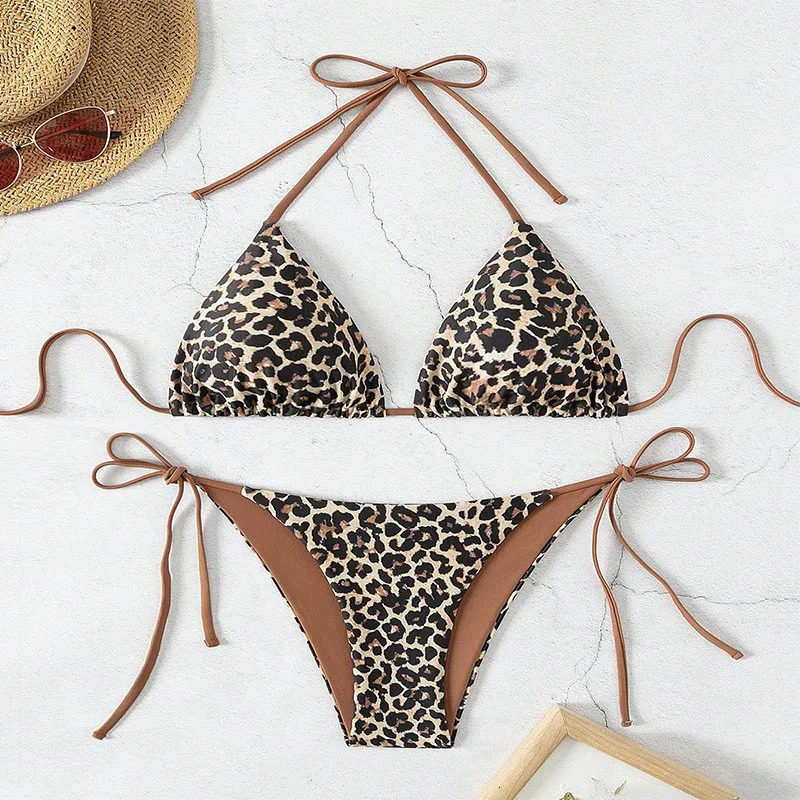Sexy Leopard Print Bikini Swimsuit Women Summer LaceUp VNeck Tops Triangular Swimwear American Beach 2 Piece Set 260611