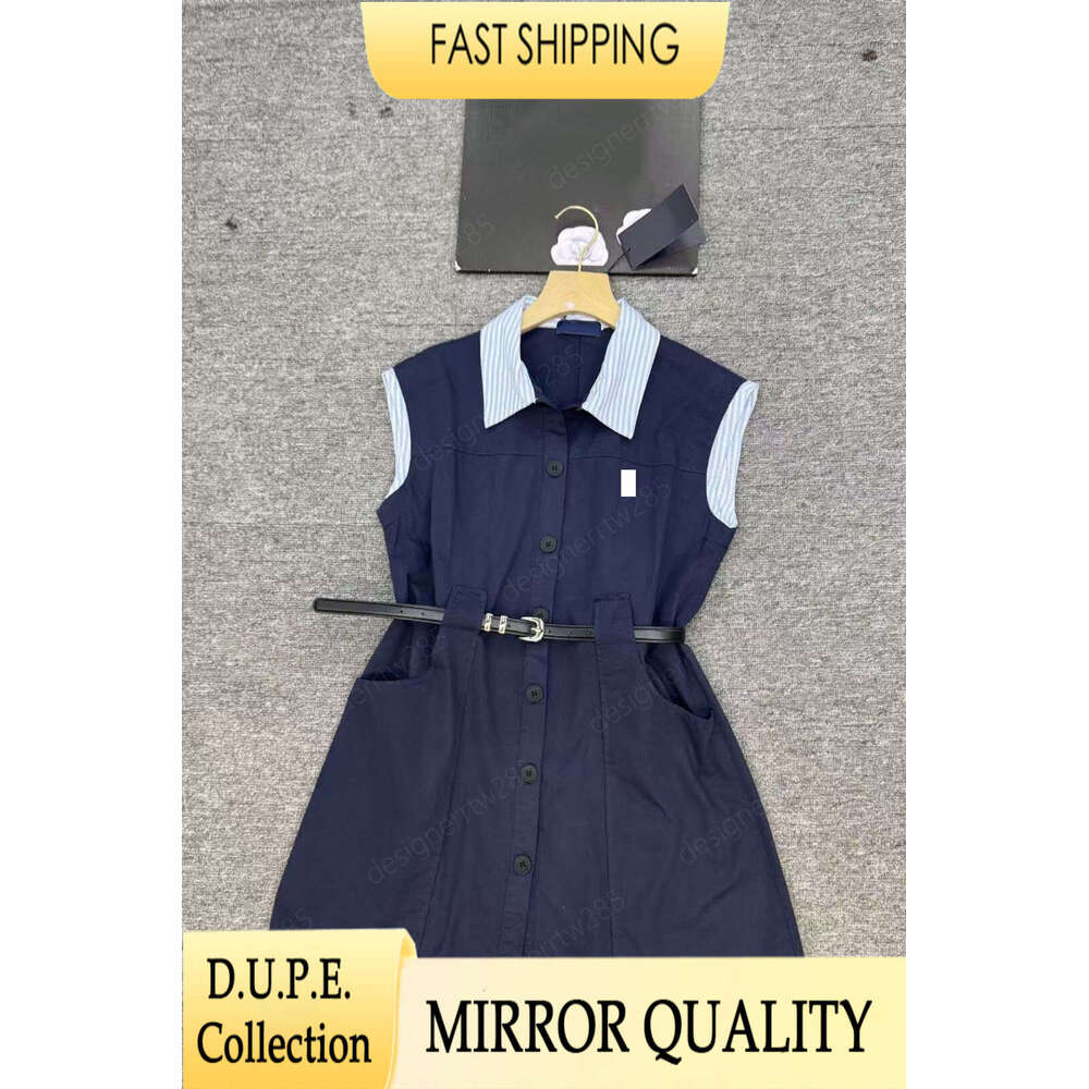 Designer Navy Blue Sleeveless Shirt Dress with Striped Collar and Embroidered Horse Logo Waist Belt Casual Preppy Mini Dress for Women Designer I-image-1110304177