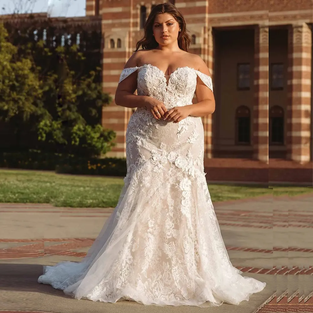 2026 Sexy Light Champagne Mermaid Wedding Dresses Off Shoulder Illusion Lace Appliques 3D Floral Flowers Beads Sweep Train Bridal Gowns Plus Size