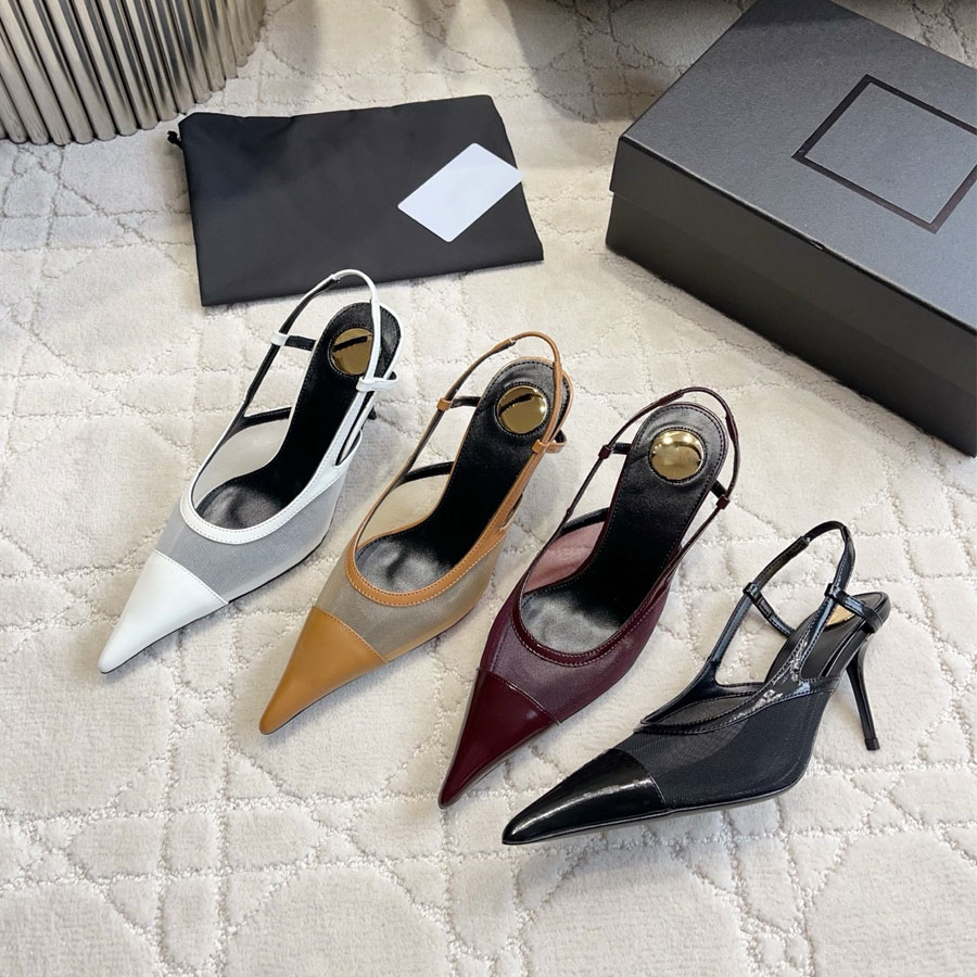Hochwertiges Lackleder-Mesh, spitze Zehenpartie, hochhackige Slingback-Sandalen, Stiletto-High-Heels-Kleiderschuhe, Pumps-Schuhe, Damen-Luxus-Design