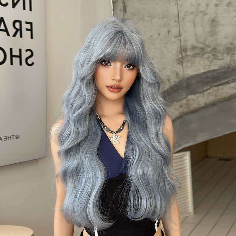 Womens long curly wig in glacier blue fashionable full headpiece popular synthetic fiber with bangs and wavy long curls L260612
