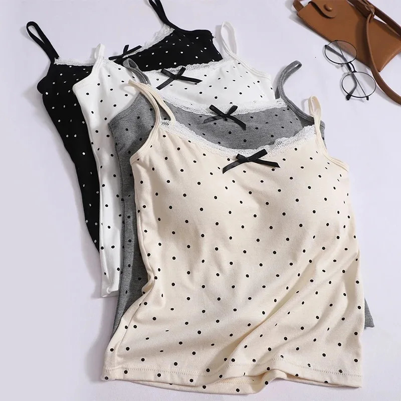 Women Summer Sweet Polka Dot Lace Edge Tank Tops Bow Inner Layer Bottom Shirt With Bra Pad Slim Backless Sexy Basic Crop Top 260612