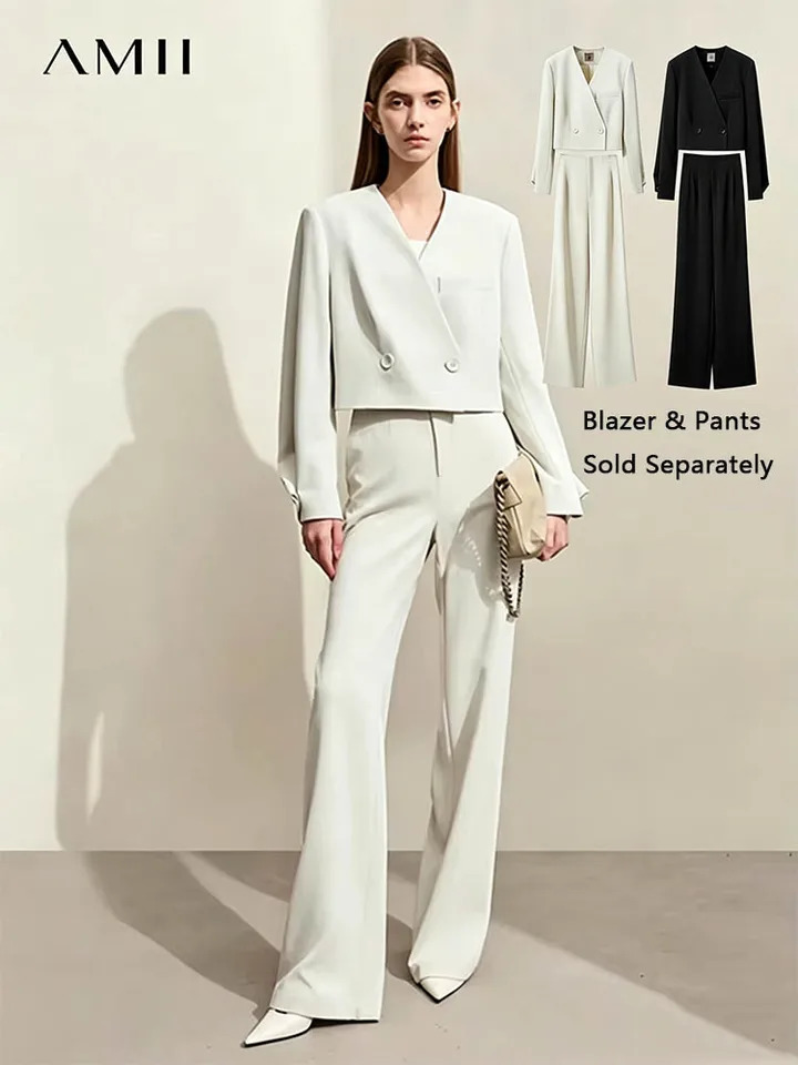 AMII Minimalism Womens Pant Autumn Office Lady V-neck Loose Short Blazer Jacket Casual Solid Pants Separate 12441110 260611