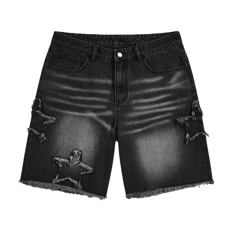 Summer Mens Black Five Quarter Star Patch Denim Shorts Splicing Casual Hip Hop Y2k Jeans 260611