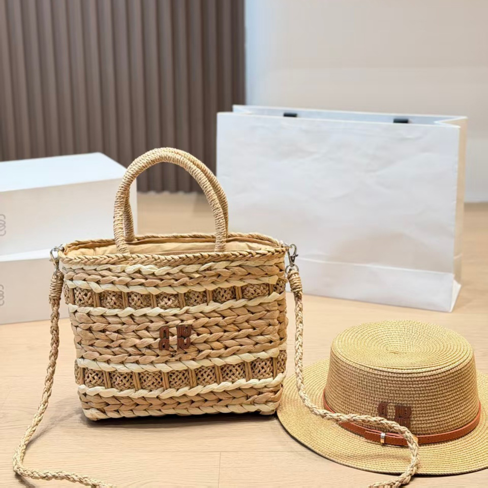 Women Desiger Straw Shoulder Bags Sun Hat Set Striped Weaving Bag Tote Bag Women's 2pcs Beach Set for Summer Vacation Casual Bags Travel Bags -