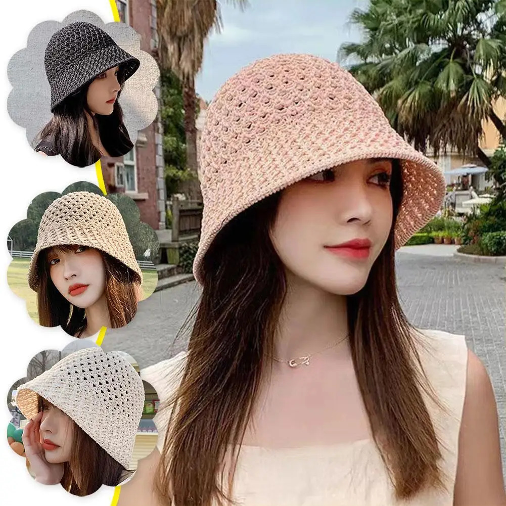 Wide Sun Hat Brim Floppy Summer Hats For Women Beach Panama Straw Dome Weave Bucket Hat Hollow Out Female Hat Knitted Women Hat260611