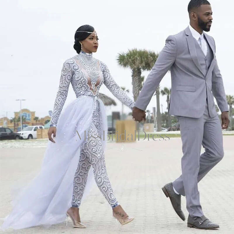 2026 Dress Gorgeous Jumpsuits With Detachable Train High Neck Beads Crystal Long Sleeves Modest Wedding Dresses African Mb612