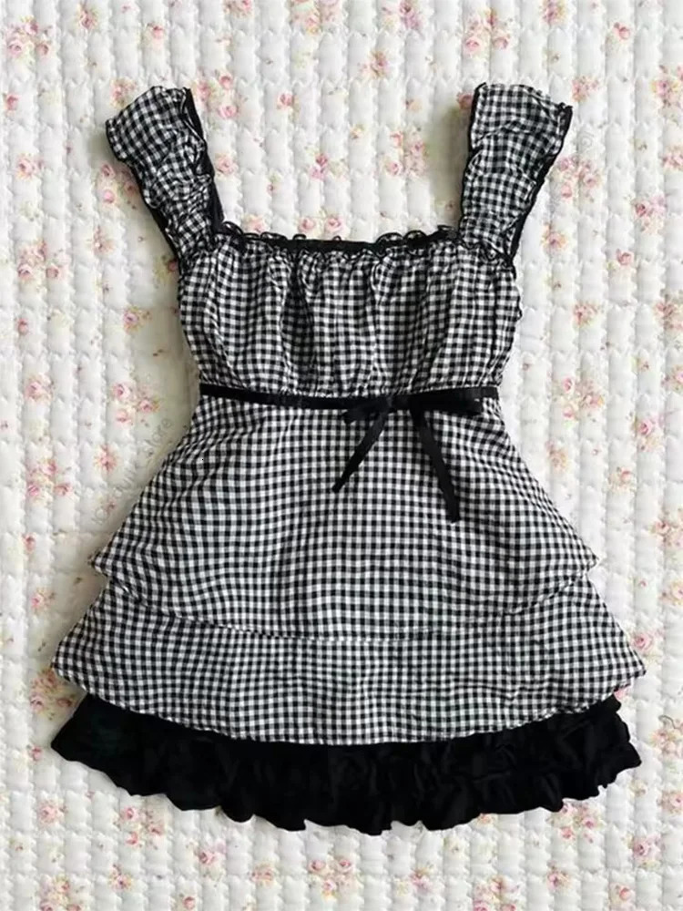 Summer Womens Sweet Gingham Ruffle Camisole Black And White Plaid Sleeveless Tank Top Y2K Aesthetic Casual Streetwear 260612