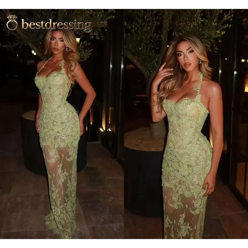 2026 Customized Sage Green Chic Lace Mermaid Prom Dresses Aso Ebi Halter Neckline Sleeveless Women Special Occasion Evening Gowns See Through Vestid