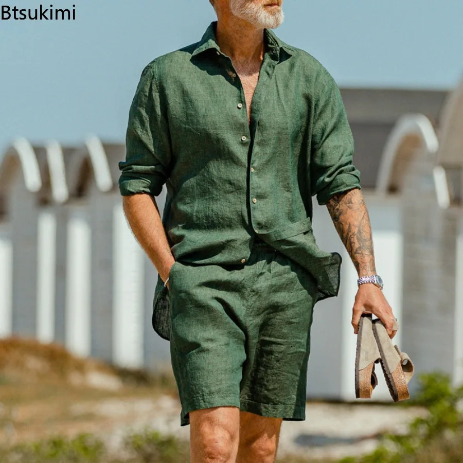 2026 Fashion Streetwear Mens Summer Comfy Cotton Linen Casual Suit Longsleeved Shirt and Shorts Twopieces Men Vacation Outfit 260612