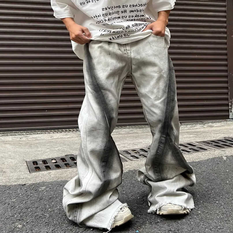 Y2K Pantn Tie Dye White Pocket Flash Jeans Mens Clothing Rock Long Trousers Roupa S260612