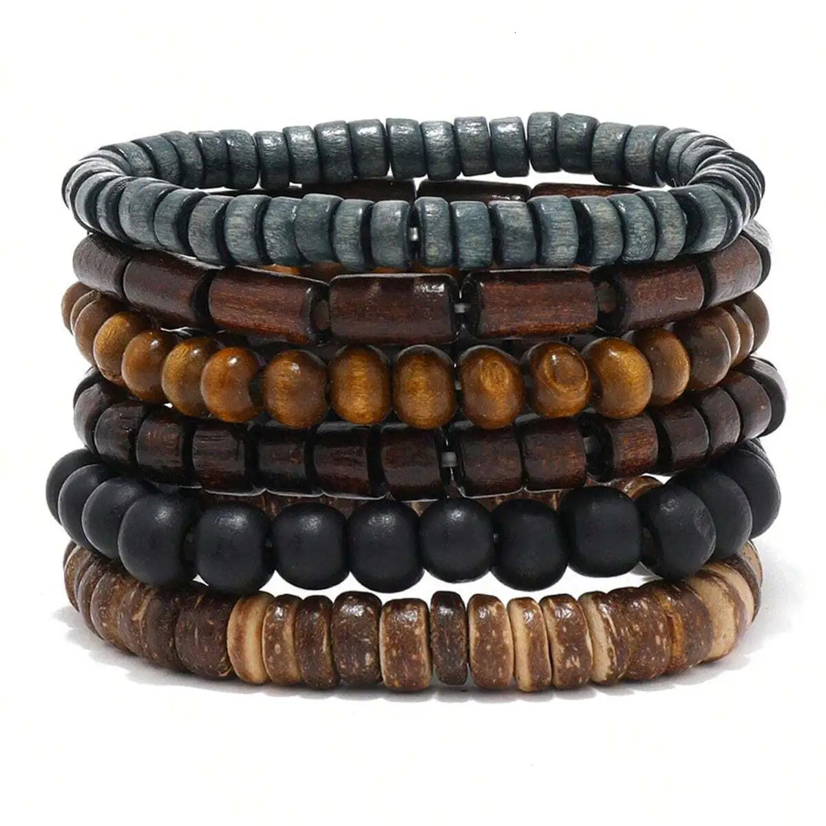 6PCS Wodeen Braided Wrap Leather Bracelet for Men Vintage Life Wood Beads Fashion Male Armband 260611