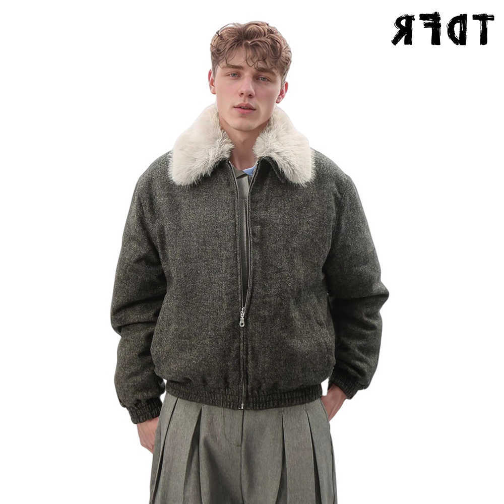Retro Lapel Woolen Padded Jacket Mens Winter Thick Casual Loose Removable Fur Collar Long Slve Outerwear Man Q260612