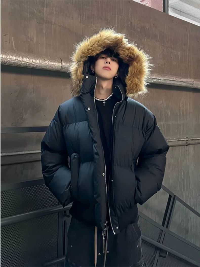 Fur Collar Hooded Men Coats Winter American High-Strt Puffer Retro Jackets Warm Thickened Loose Outerwear Punk Emo Subculture Q260612