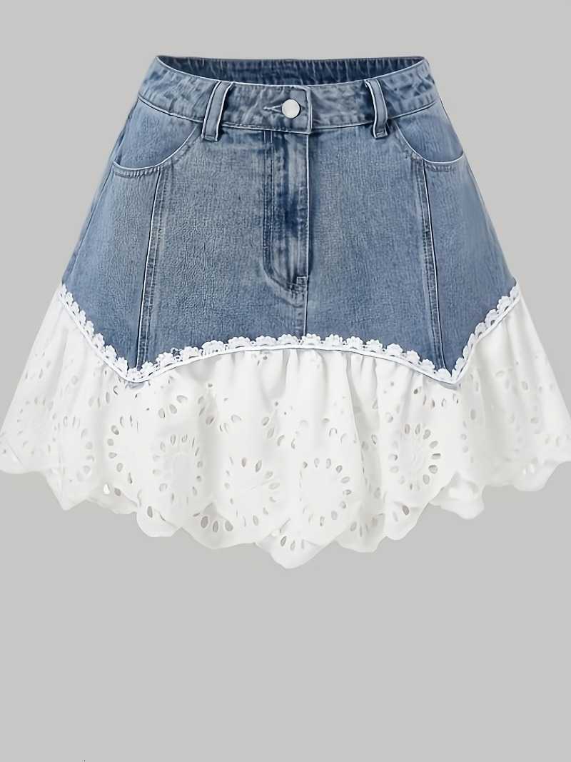 High 2026 Summer New Womens Waist Denim Patchwork Lace Eyelet Ruffle Hem Mini Skirt Cute Y2K Streetwear A-Line Skirt M260612