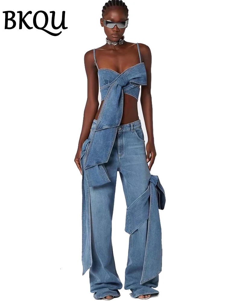 BKQU Set di pantaloni in denim da donna 2024 Completi ner Fiocchi Spalline per spaghetti Corsetto Canotte e jeans dritti a gamba larga Set da 2 pezz