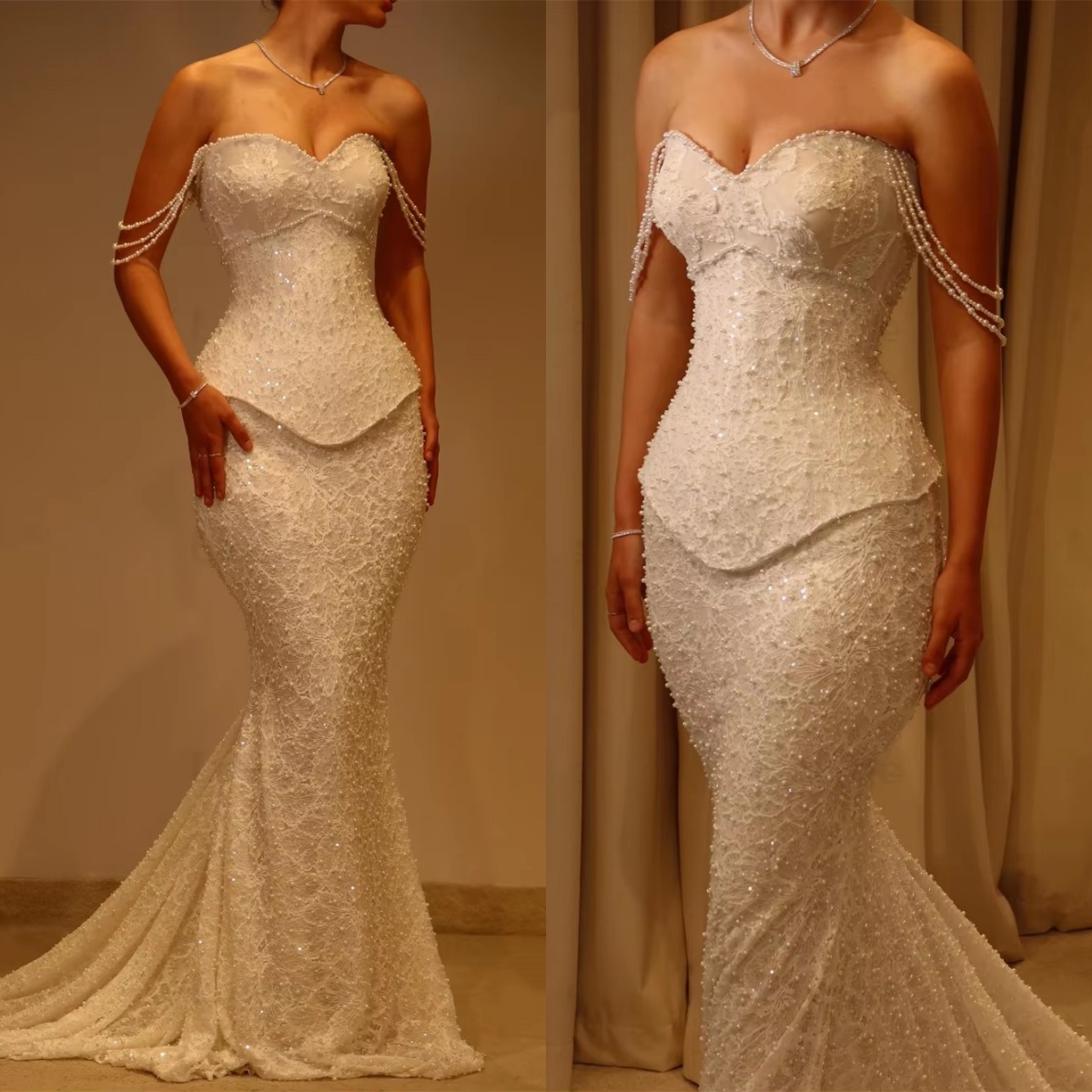 Vintage Mermaid Evening Dresses V Neck Sleeveless Gown Pearls Sequins Lace Sweep Train Dress Party Customized vestidos de novia